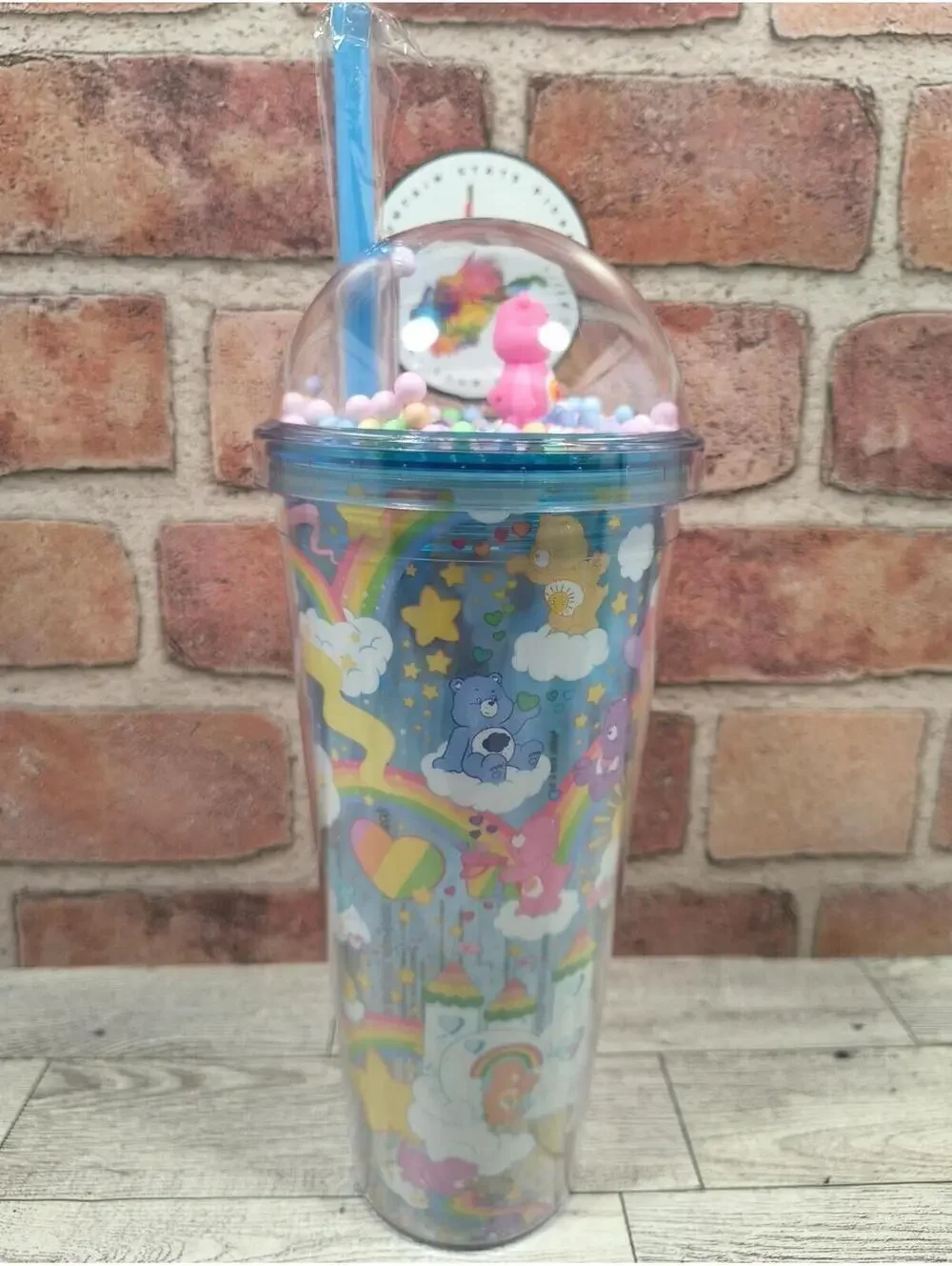 Carebears 24 OZ Travel Tumbler Cup with Dome Lid & Straw Moving Foam Balls NWT